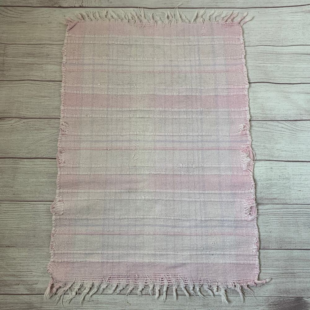 Light Pink and Purple Plaid Rug with Knotted Tassel Ends